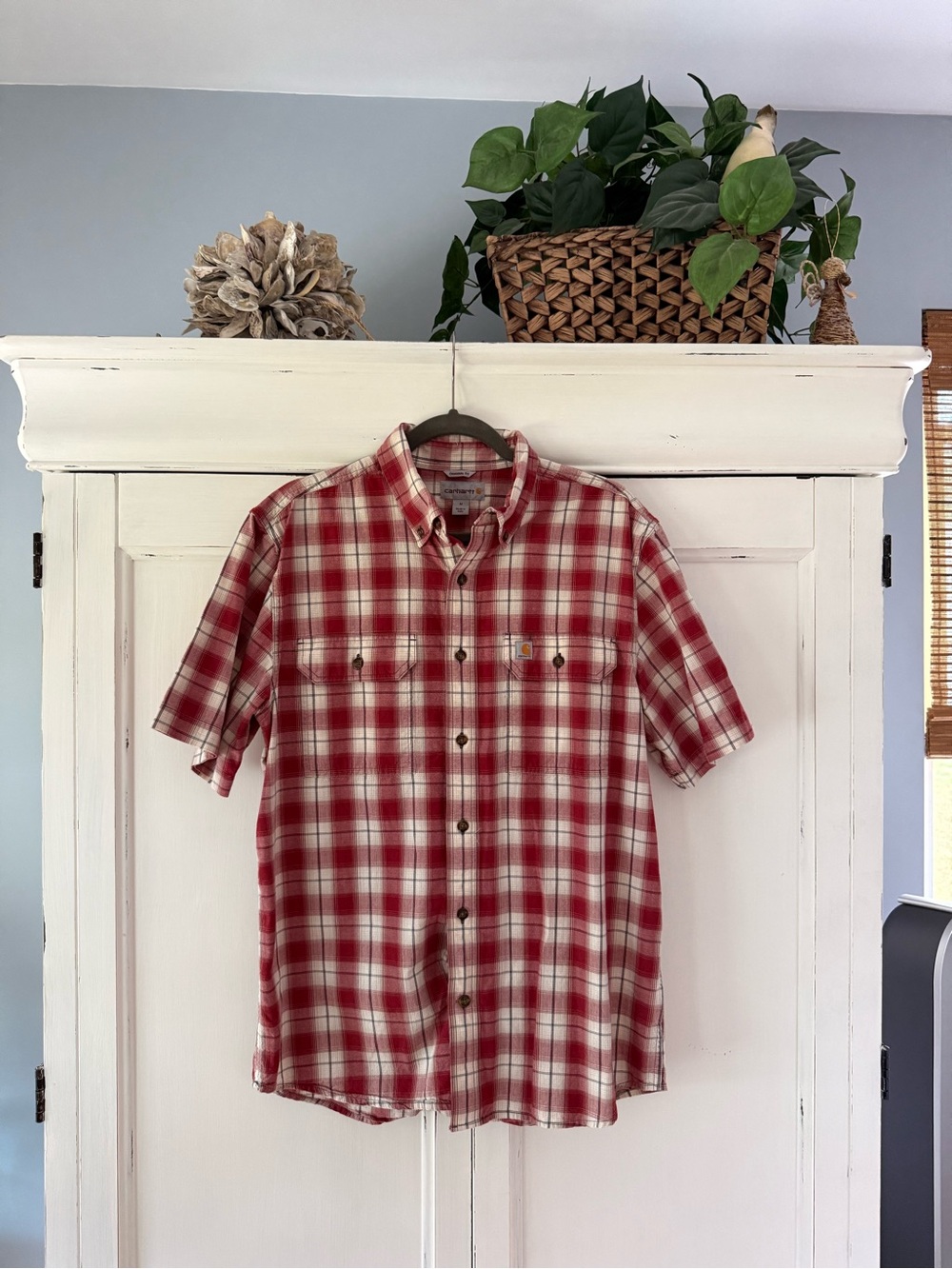 Carhartt Short-Sleeve Red and White Plaid Button-Down Shirt